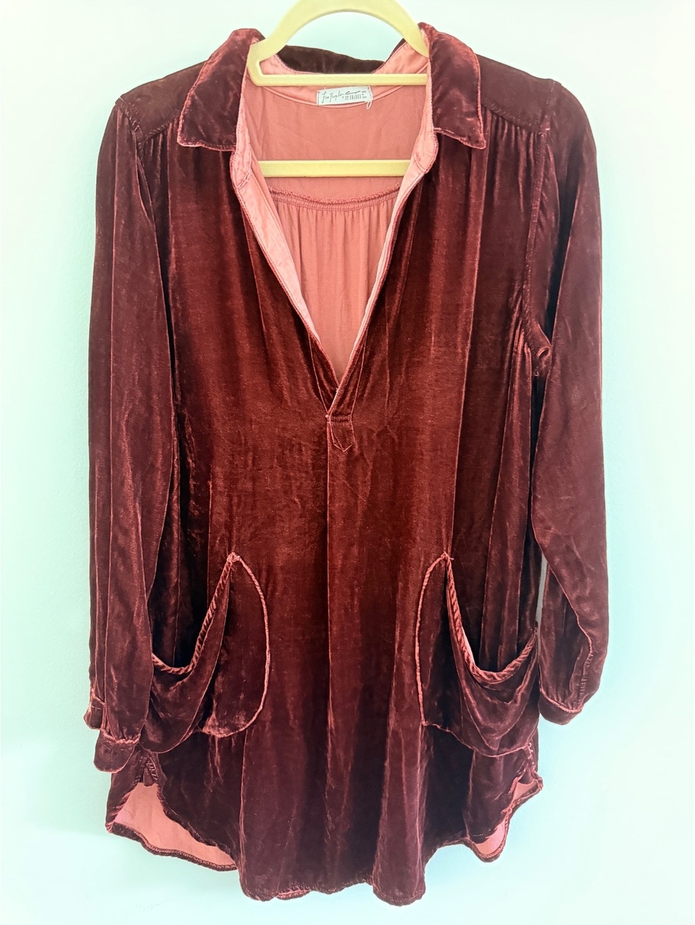 Free People Burgundy Velvet Long Sleeve Tunic Top with Rose Lining, Size S, Boho